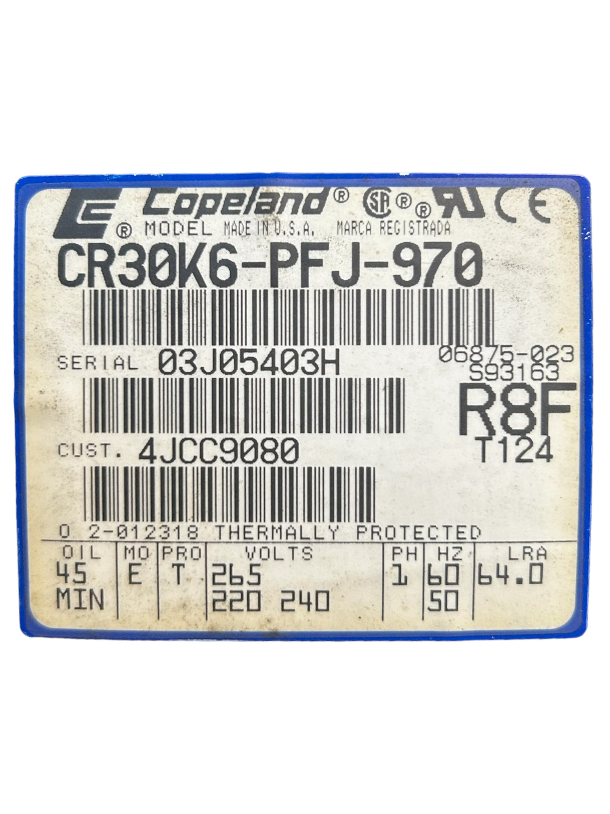 COPELAND, CR30K6-PFJ-970, 4JCC9080, R22, 220, 240, 265V, Single Phase, Compressor - NEW NO BOX - FreemanLiquidators - [product_description]