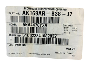 Tecumseh, AK169AR-B38-J7, Reciprocating, 7727 BTU, Compressor, R-134A, R-513A - FreemanLiquidators - [product_description]