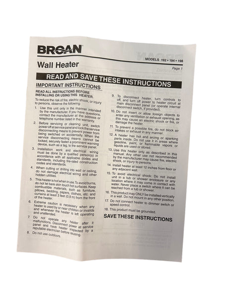 Broan, 194 Series, Wall Heater, High Capacity, 1500/3000W, 240VAC, 1125/2250W, 208VAC - FreemanLiquidators - [product_description]