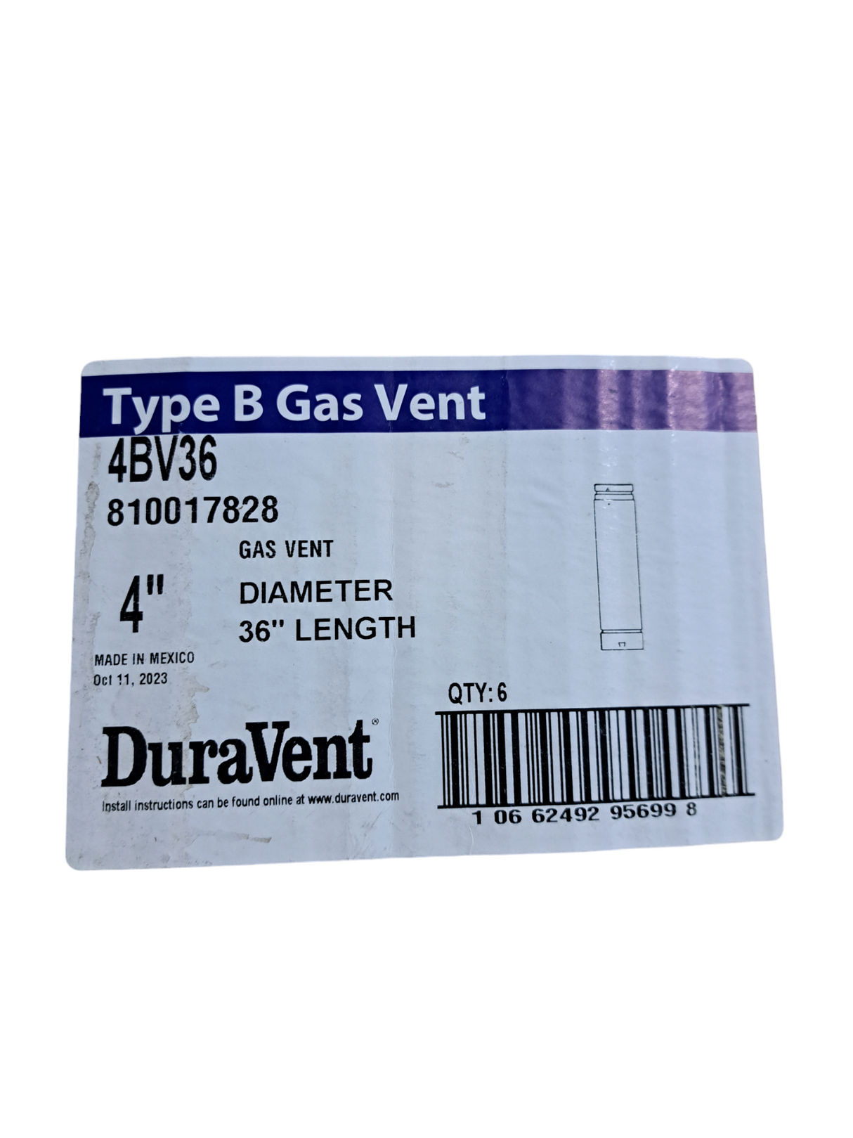 DURAVENT, 6-PACK, 4BV36, 810017828, 4", GAS, VENT PIPE - FreemanLiquidators - [product_description]