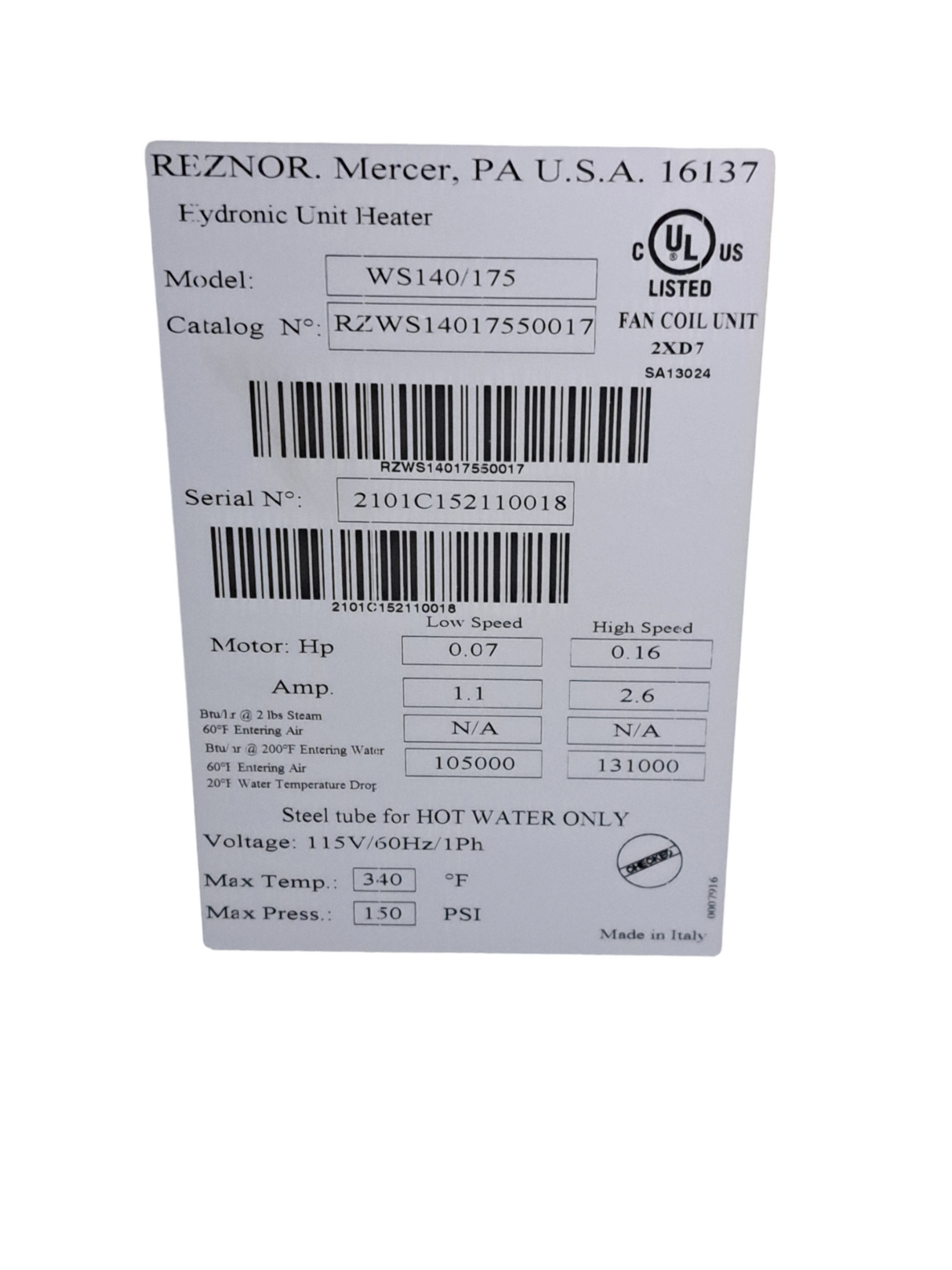 Reznor, WS140/175, Horizontal/Vertical, Suspended, Hydronic, Unit Heater - FreemanLiquidators - [product_description]