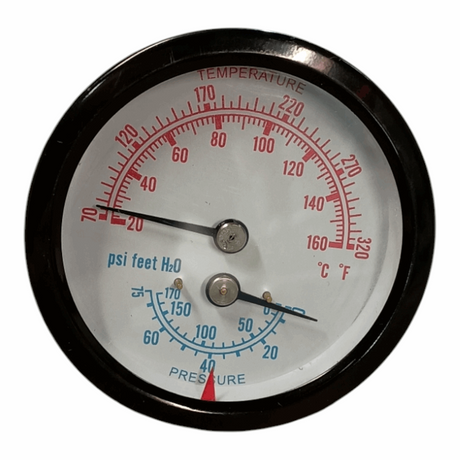 1 1/2", Tridicator, Boiler Gauge, Temperature 60-320 F, Pressure 0-75 PSI, 2 1/2" Face