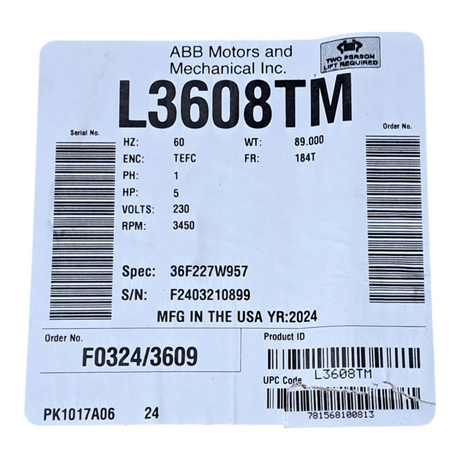 ABB, General Purpose Motor, 5HP, 3450RPM, 1PH, L3608TM