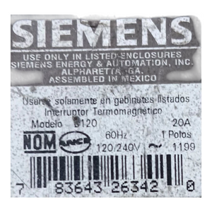 Siemens, B120, 20A, 1 Pole, 120V, 10KAIC, Bolt in, Breaker - Freeman Liquidators - [product_description] - Breakers