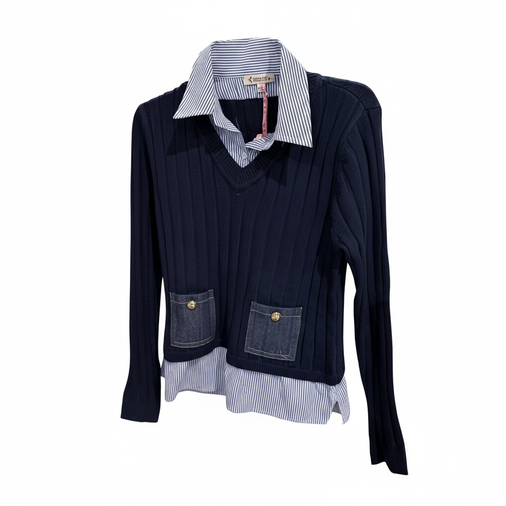 Nannette Blue Sweater Collared Pullover -  - Freeman Liquidators - [product_description]