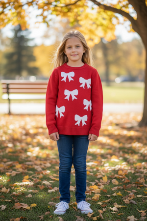Delia’s Girl, Girls, Sweater with Bows & Pearls, Tango Red - Kids Clothing - Freeman Liquidators - [product_description]