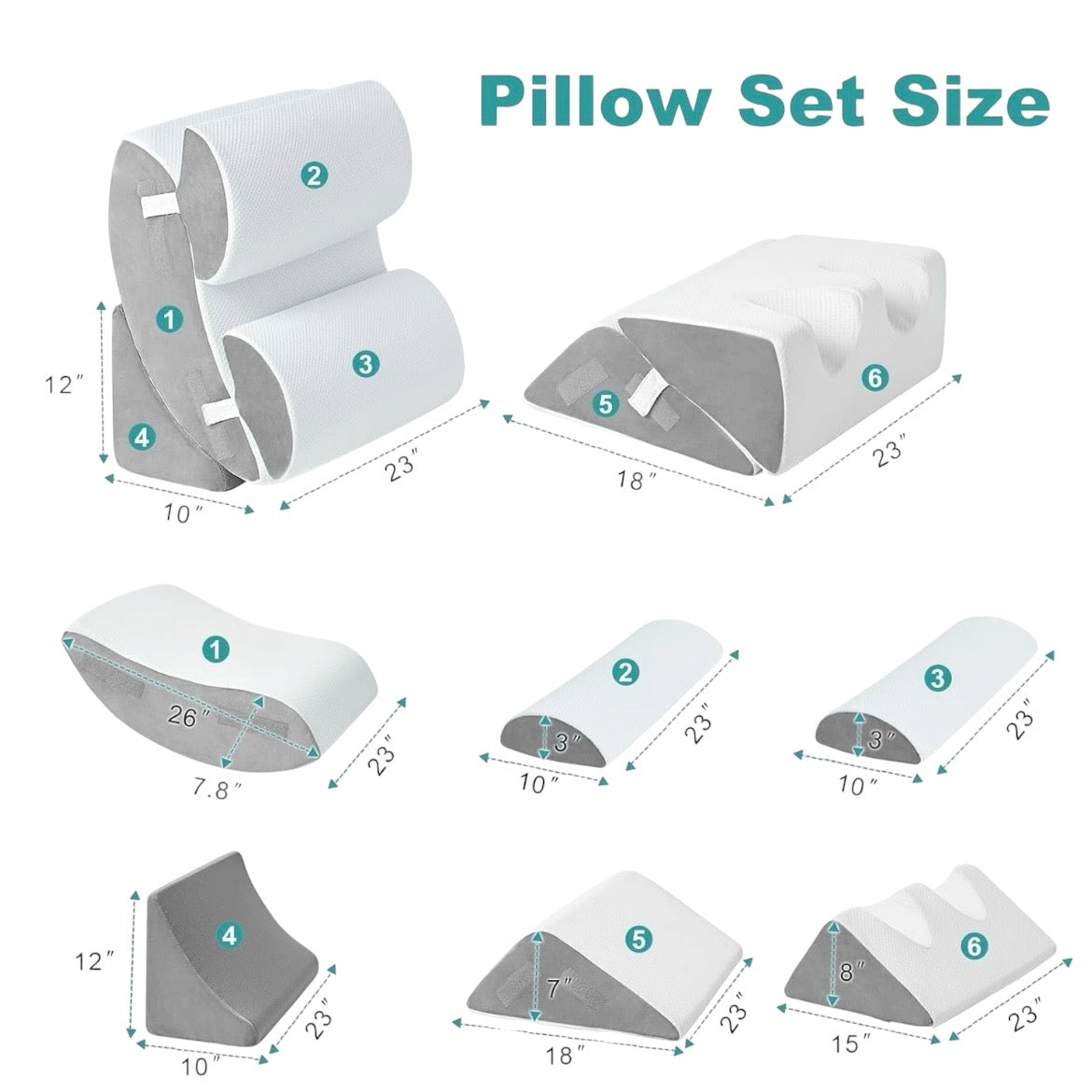 Hansleep, 6pc, Orthopedic, Wedge Pillow Set, White/Grey