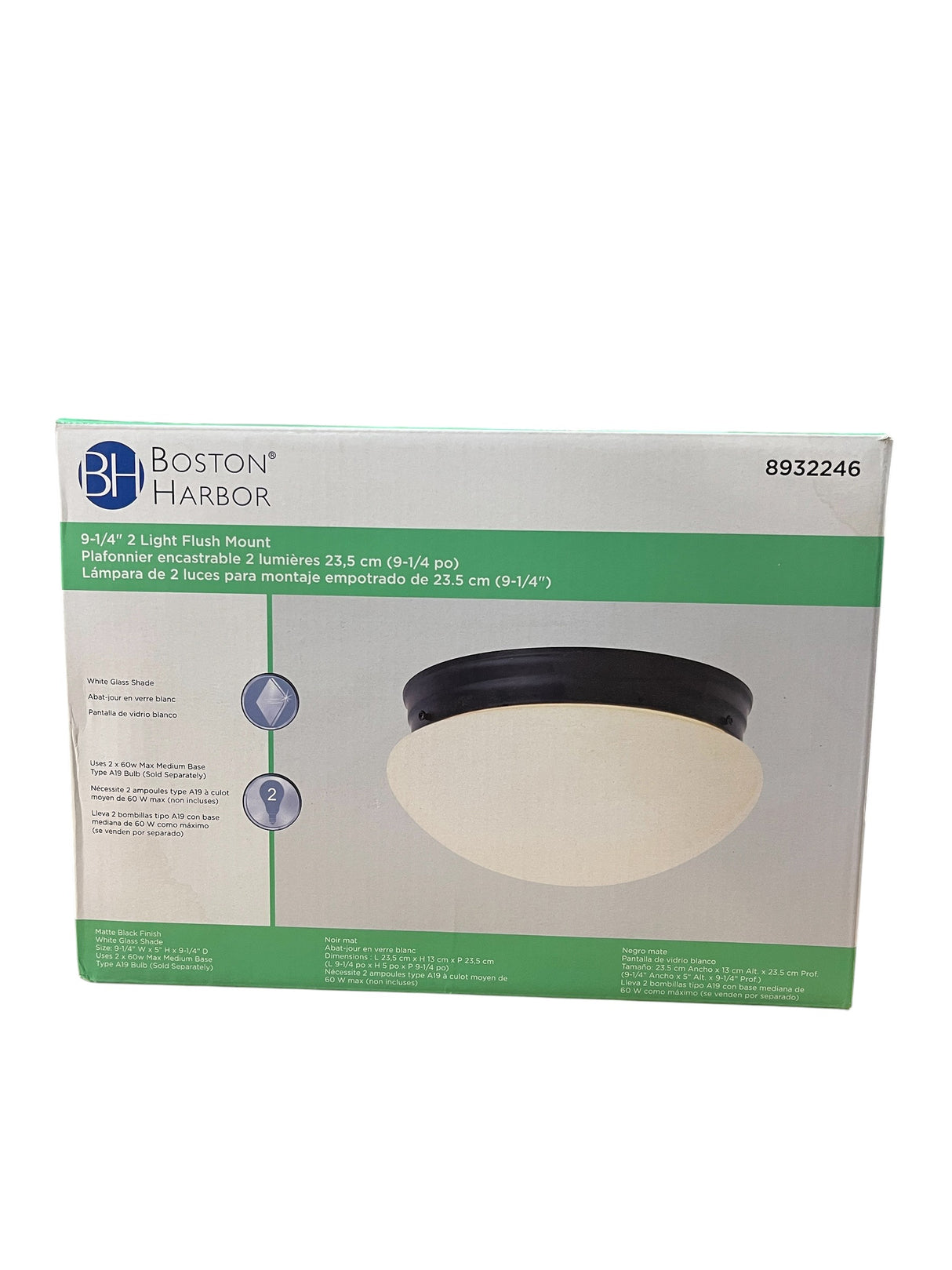 Boston Harbor, 8932246, 9.25”, 2-Light, Flush Mount, White Glass Shade, Matte Black Finish