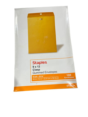 Staples, 9in x 12in, Clasp, Gummed Envelopes, 100 pack