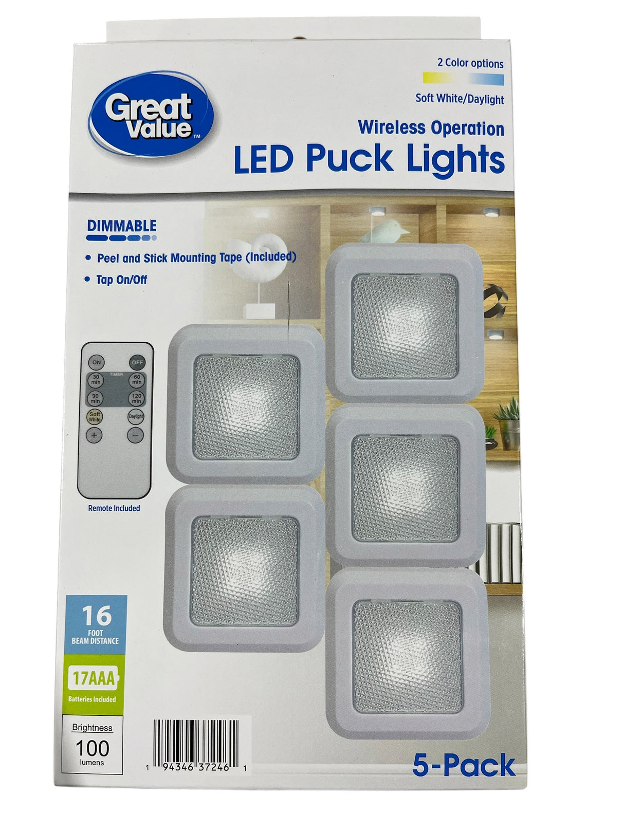 Great Value, Wireless, LED Puck Lights, Soft White/Daylight, 5 Pack