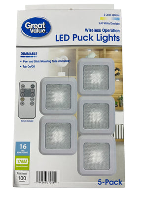 Great Value, Wireless, LED Puck Lights, Soft White/Daylight, 5 Pack