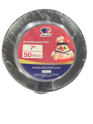 Jolly Chef, 7”, Silver Rim, Clear, Plastic Plates, 50pk