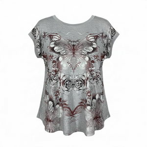 Tru Self, Women’s, Short Sleeve, Butterfly, Rose Shirt, Grey