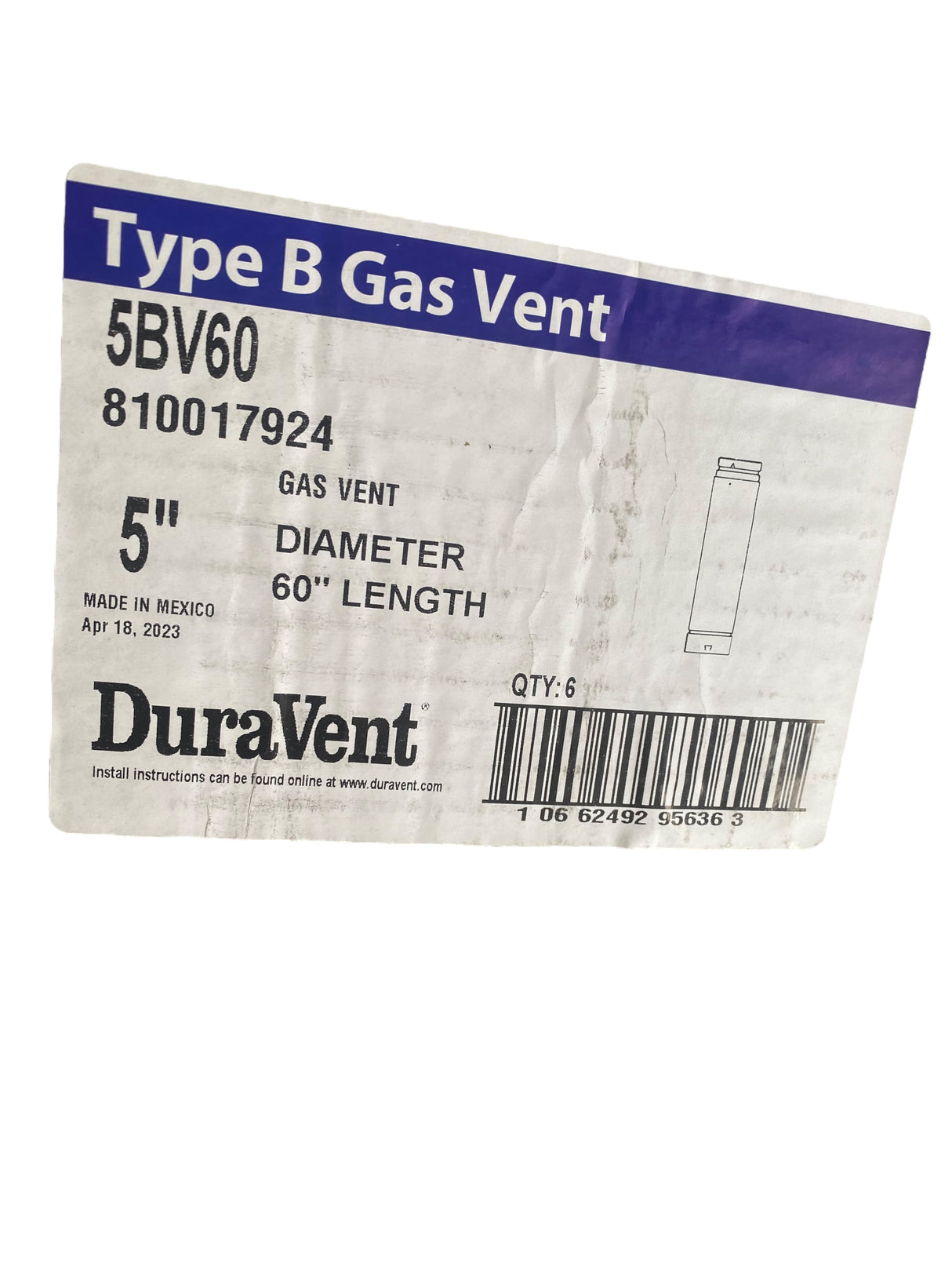 (6 Pack) DuraVent 5" Round B-Vent 60" Length Pipe - 5BV60 - Freeman Liquidators - [product_description]