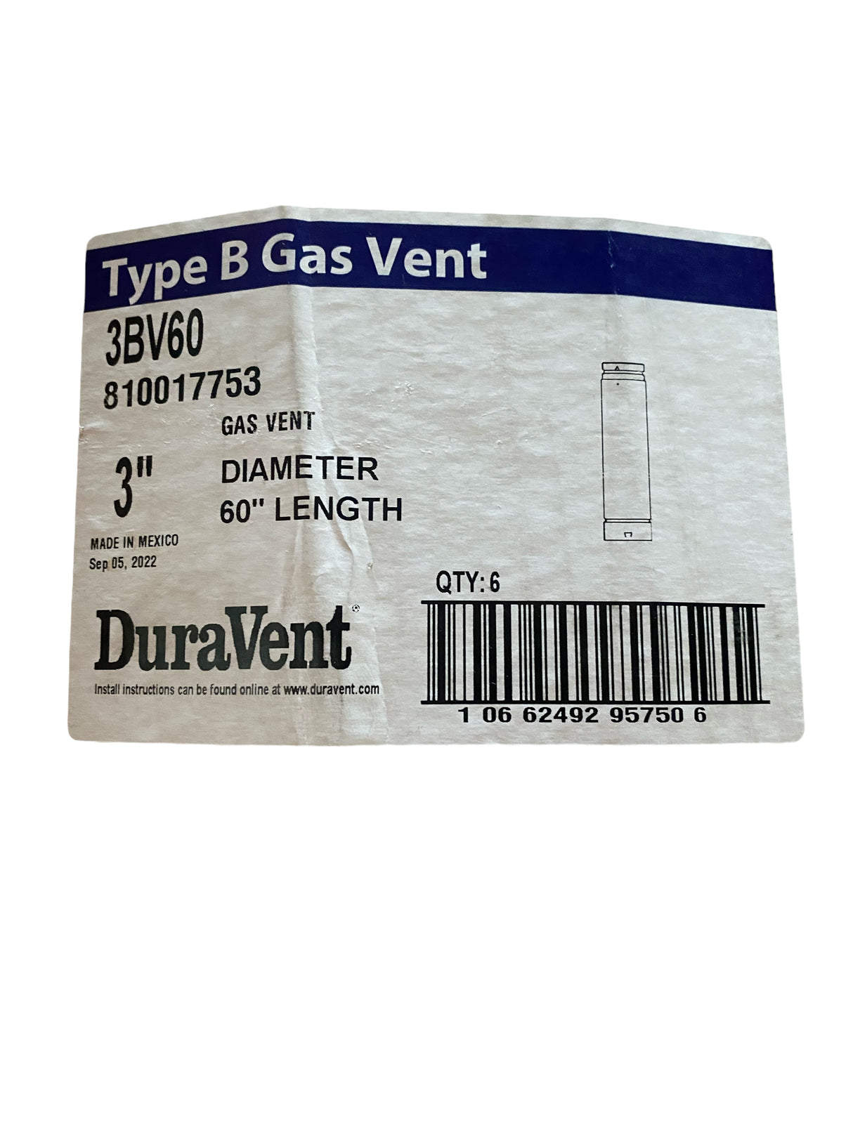 (6 Pack) DuraVent 3" Round B-Vent 60" Length Pipe - 3BV60 - Freeman Liquidators - [product_description]