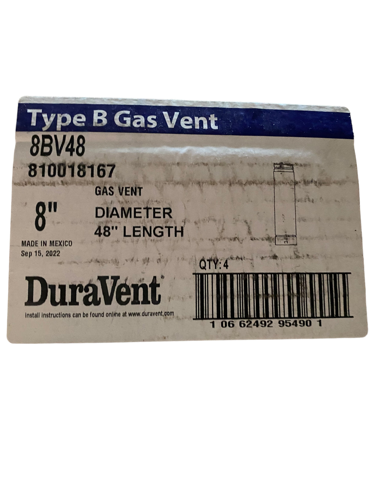 (4 Pack) DuraVent 8" Round B-Vent 48" Length Pipe - 8BV48 - Freeman Liquidators - [product_description]