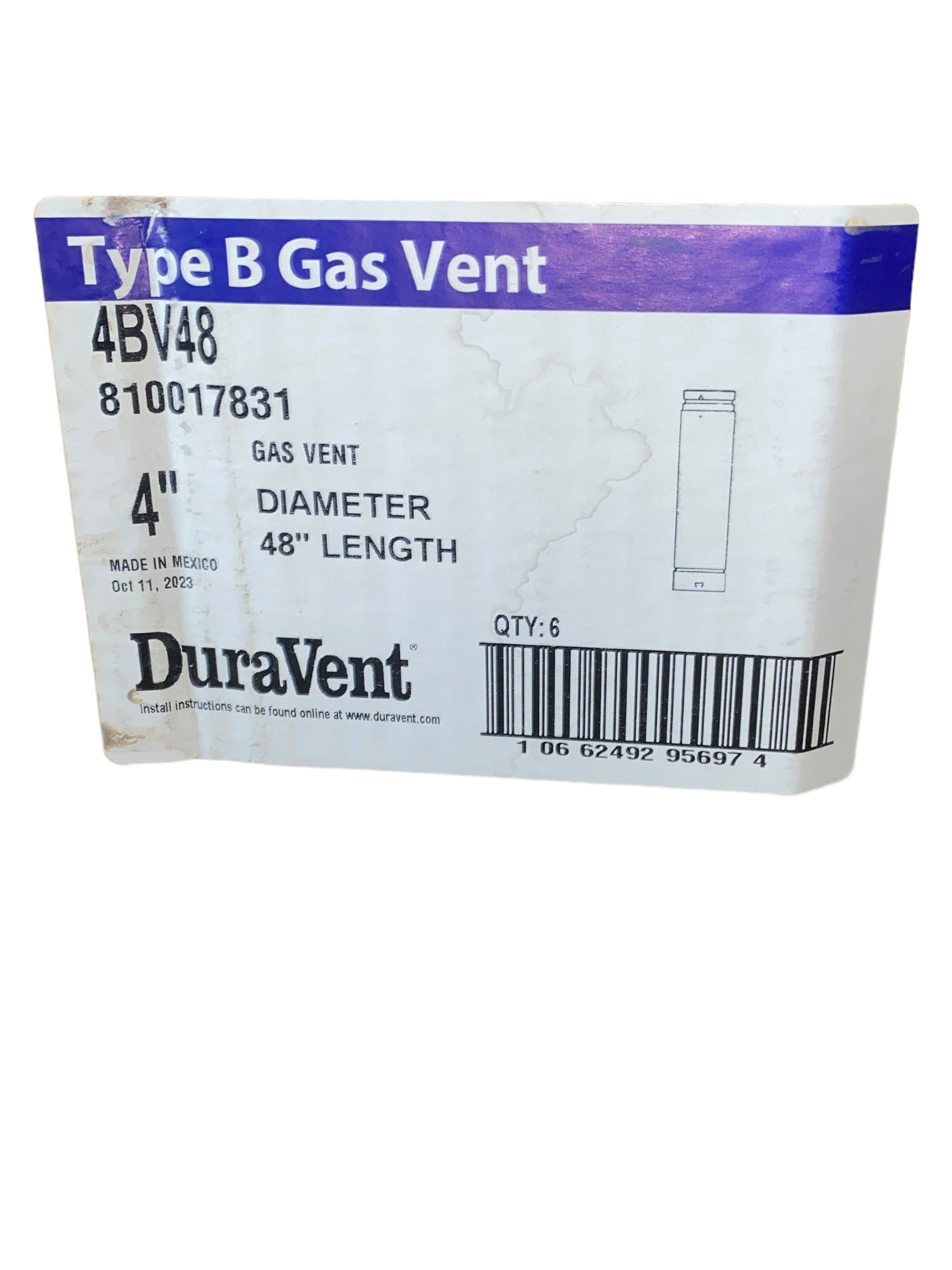 (6 Pack) DuraVent 4" Round B-Vent 48" Length Pipe - 4BV48 - Freeman Liquidators - [product_description]