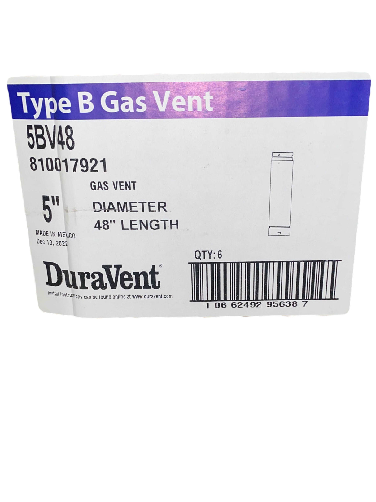 (6 Pack) DuraVent 5" Round B-Vent 48" Length Pipe - 5BV48 - Freeman Liquidators - [product_description]