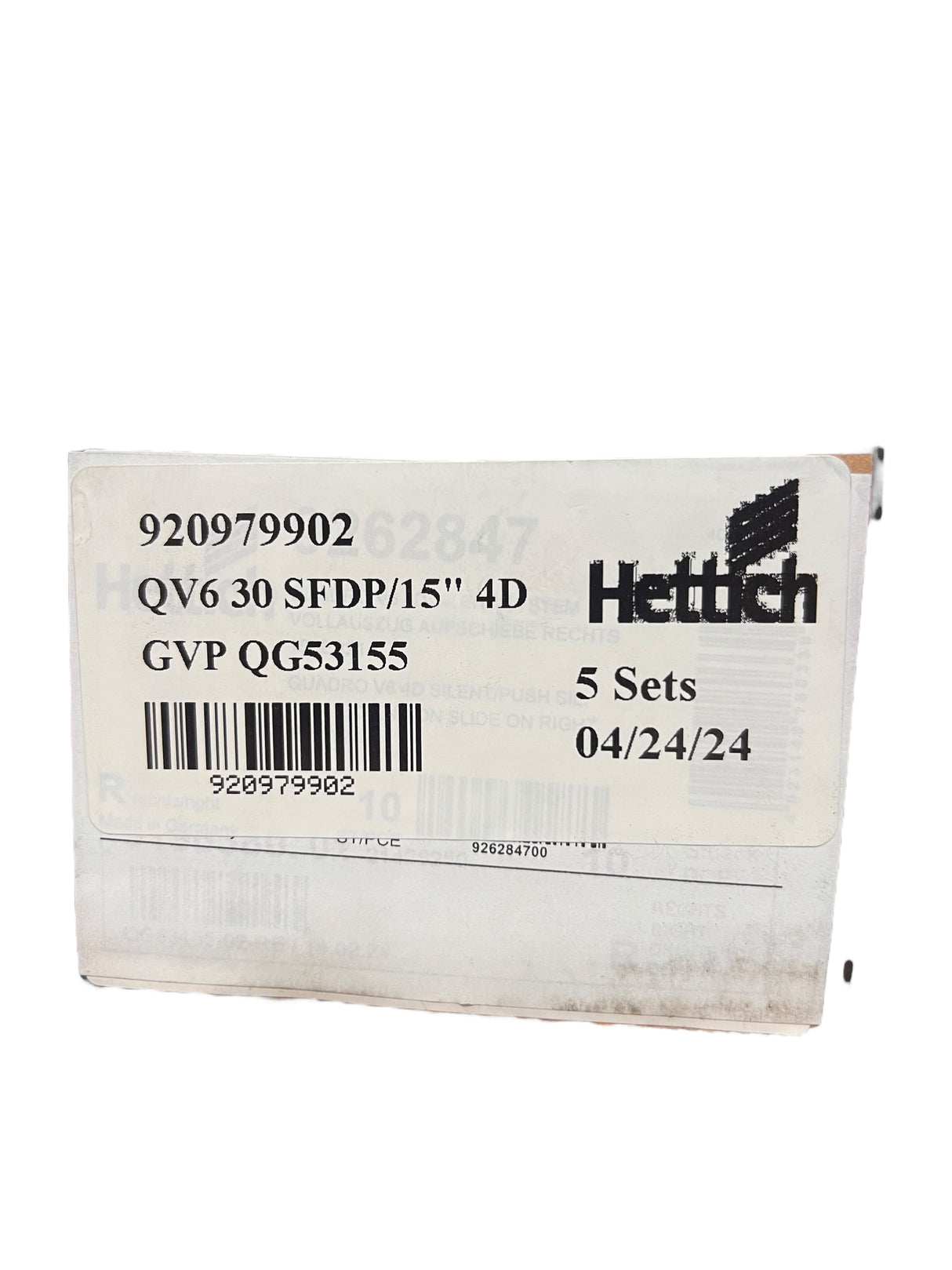 (5 Sets) Hettich, QV6 30, SFDP/15", 4D, Drawer Slides, 920979902