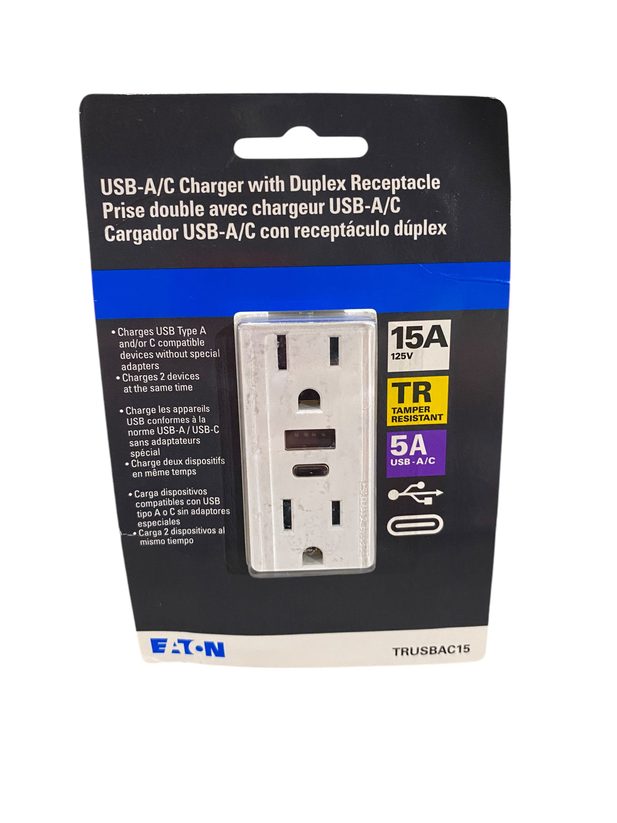 Eaton, White, USB-A|C, Charger, Duplex, Receptacle, TRUSBAC15 - Freeman Liquidators