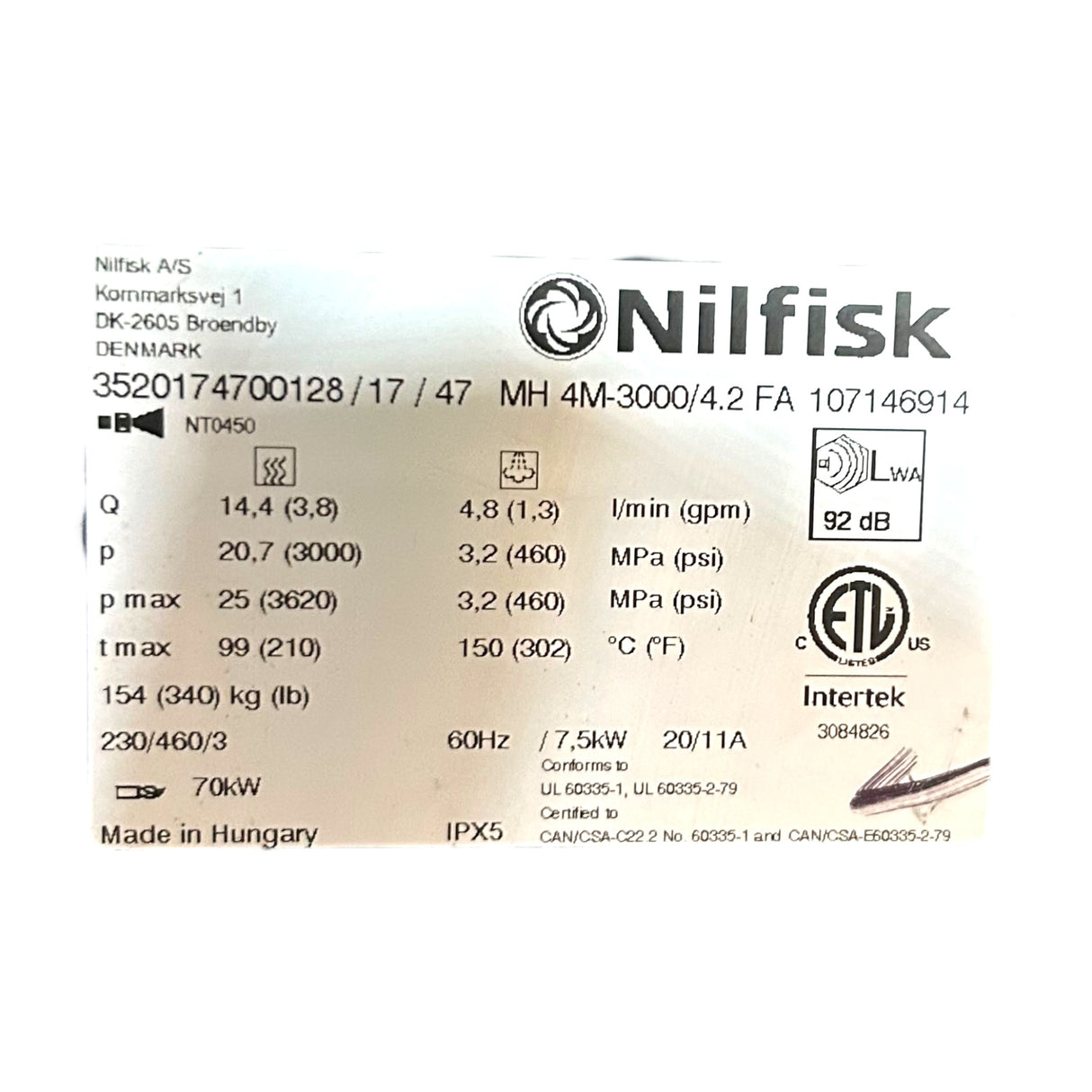 Nilfisk, 107146914, MH 4M, Electric/Diesel, Hot Water, Pressure Washer, 3000 PSI, 4.2 GPM, 230V
