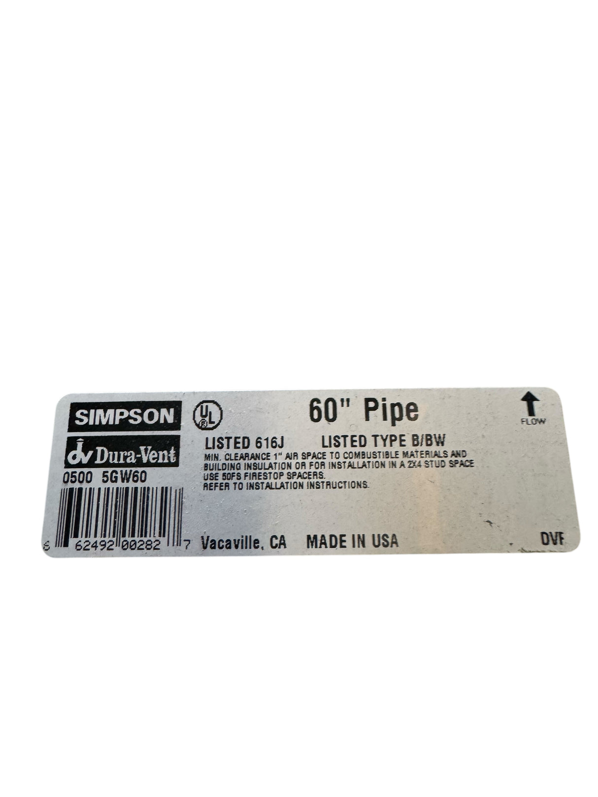 Dura-Vent, 5" Inner Diameter, Type B, Oval, Gas Vent, Double Wall. 60" Pipe, 5GW60 - Freeman Liquidators - [product_description] - Pipes