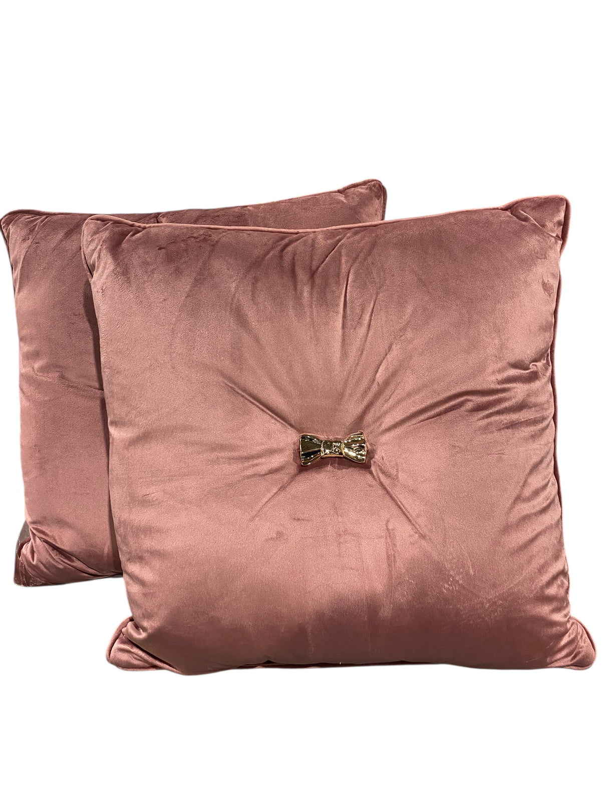 Heaton & Parke, Decorative, Throw Pillows, Pink, Velvet, Gold Bow, 20x20, Set of 2 - Freeman Liquidators - [product_description] - Pillows