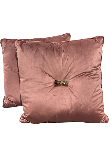 Heaton & Parke, Decorative, Throw Pillows, Pink, Velvet, Gold Bow, 20x20, Set of 2 - Freeman Liquidators - [product_description] - Pillows