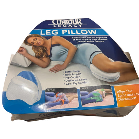 Contour Legacy Leg Pillow packaging with a woman using the pillow on a white background