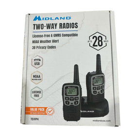 Box of Midland two-way radios with product details on a white background