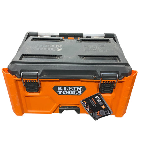 Orange and black tool box with Klein Tools branding on a white background