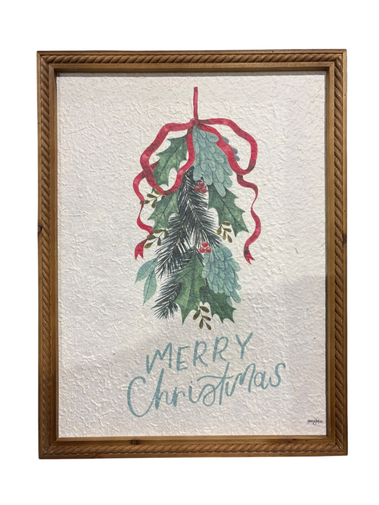 Creative Co Op, Wood Framed, Merry Christmas, Wall Décor, Holly, Bow - Christmas Decor - Freeman Liquidators - [product_description]