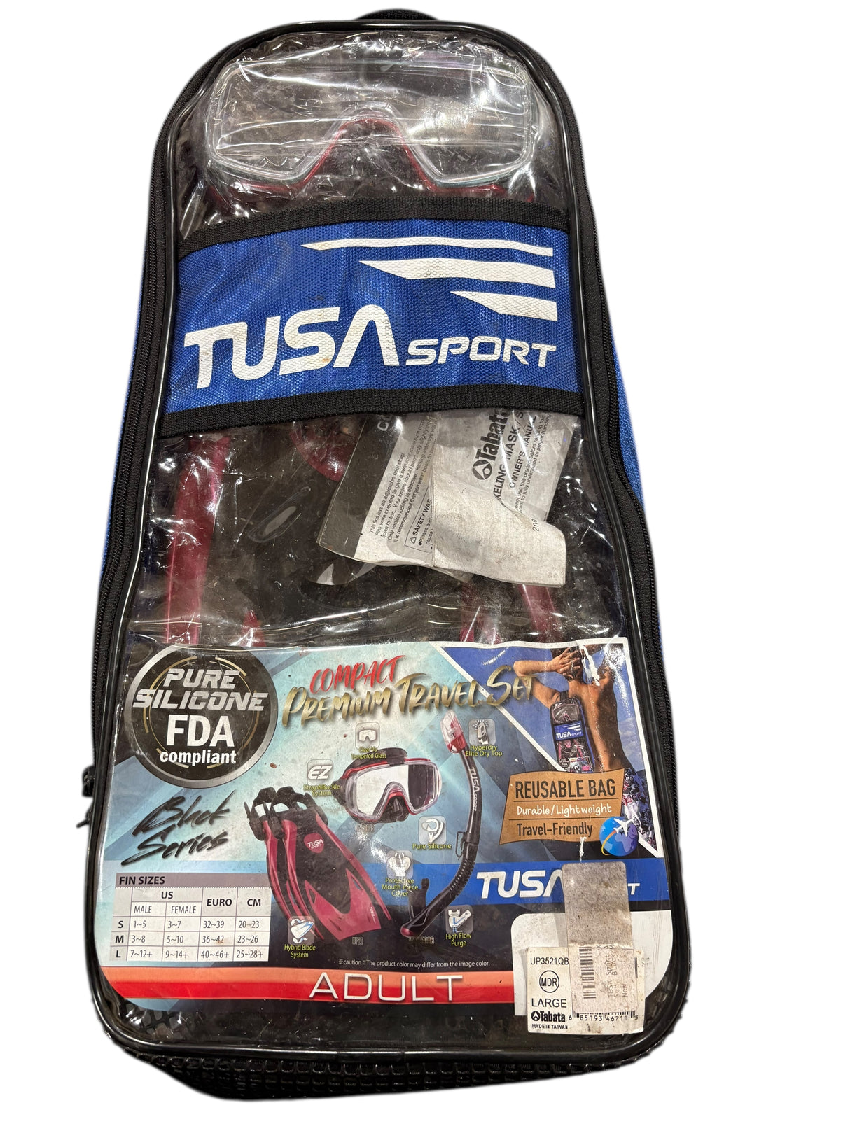 TUSA Sport, Adult, Mask, Dry Snorkel, Fins, Travel Set, Large, Black/Metallic Red - Snorkel Set - Freeman Liquidators - [product_description]