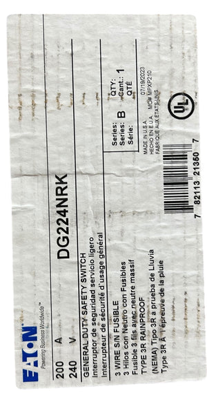 Eaton, DG224NRK, 200A, 2‑Pole, Fusible, General‑Duty, Safety Switch, 240V AC, NEMA 3R, (K‑Series, 3‑Wire) - Image 1