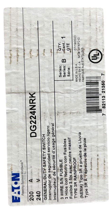 Eaton, DG224NRK, 200A, 2‑Pole, Fusible, General‑Duty, Safety Switch, 240V AC, NEMA 3R, (K‑Series, 3‑Wire) - Image 1