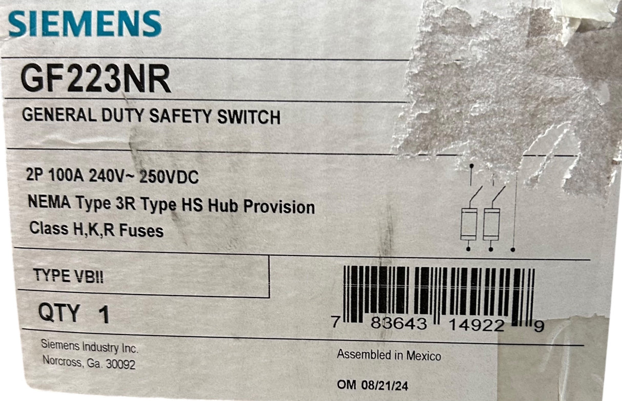 Siemens, GF223NR, 100A, 2‑Pole, Fusible Safety Switch, 240V, 3‑Wire, NEMA 3R Outdoor - Image 1