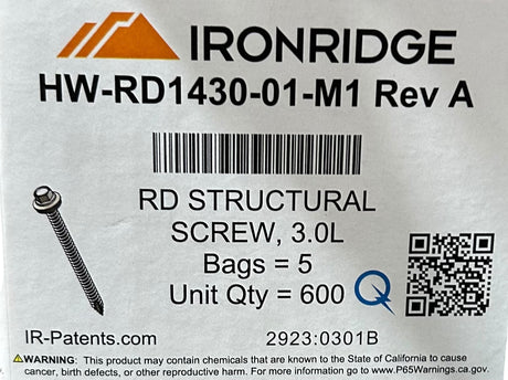 IronRidge HW‑RD1430‑01‑M1 — Structural Screw with Washer, Rev A (Bag of 120) - Image 1