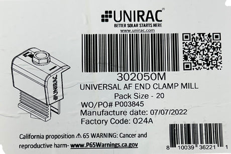 Unirac 302050M — Universal AF End Clamp, Mill Finish (Box of 20) - Image 1