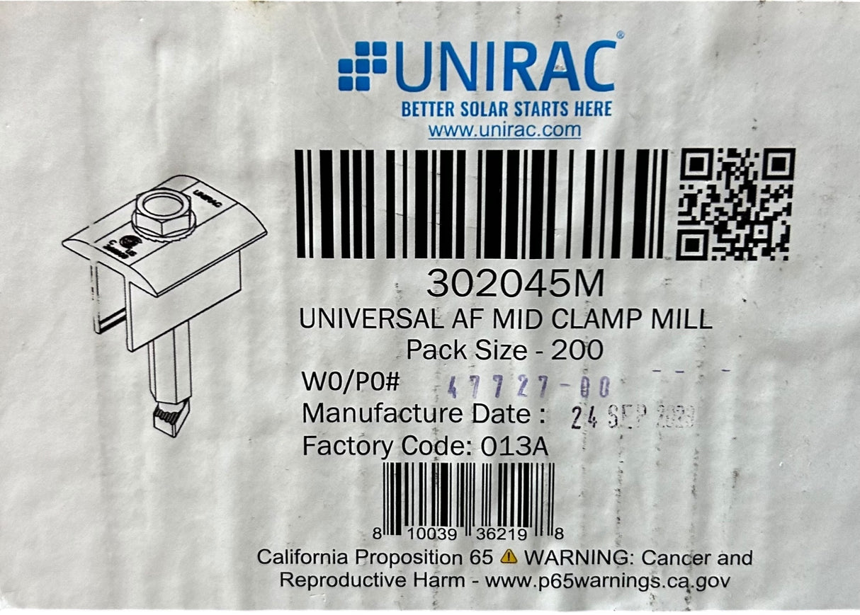 Unirac 302945M — Universal AF Mid Clamp, Mill Finish (Box of 20) - Image 1
