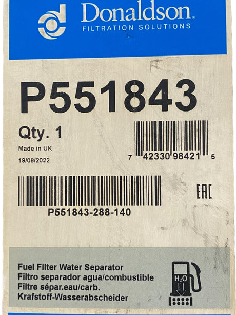 Donaldson, P551843, Spin On, Water Seperator, Fuel Filter - Freeman Liquidators