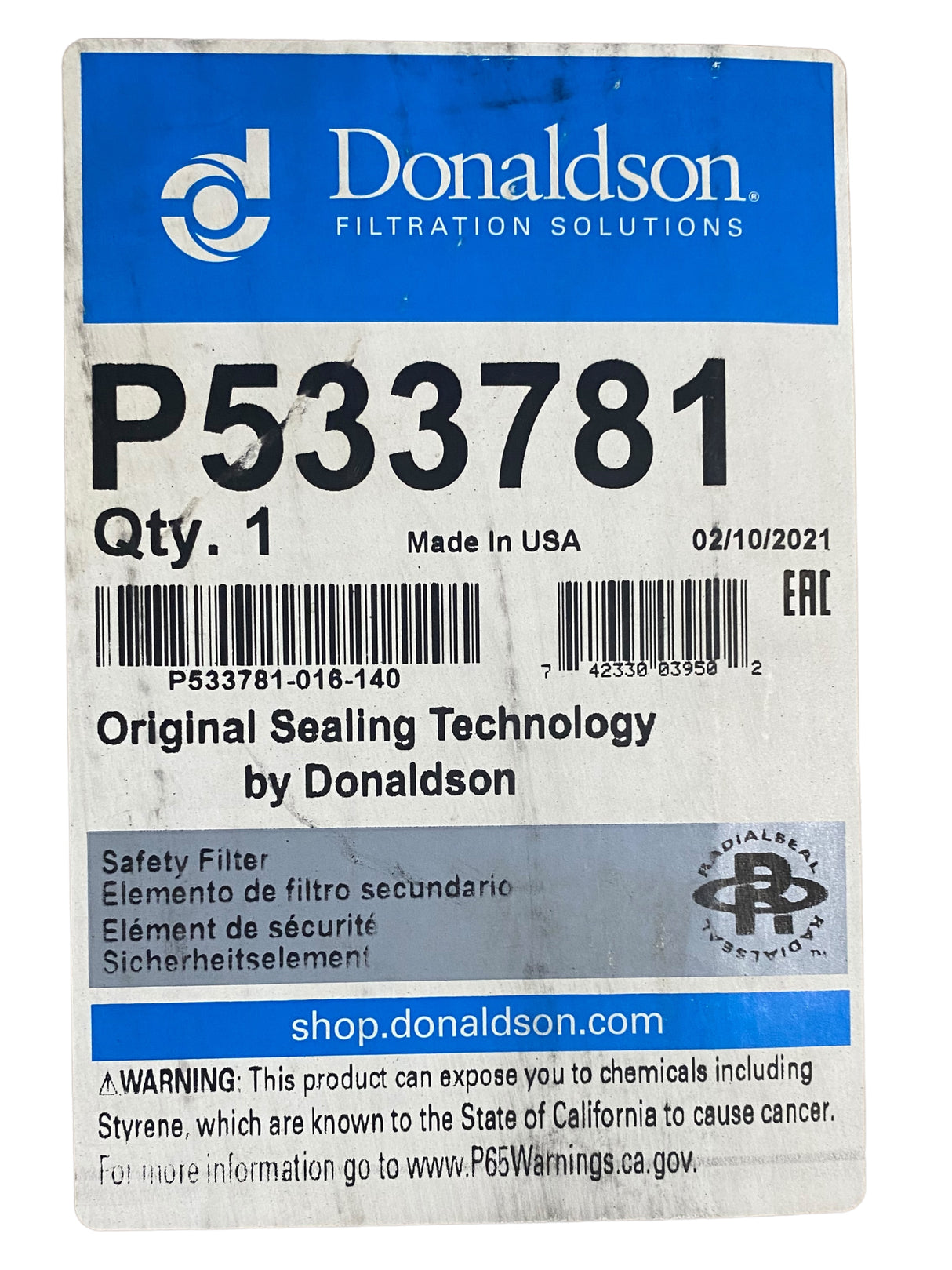 DONALDSON, P533781, AIR FILTER, SAFETY RADIALSEAL - Freeman Liquidators