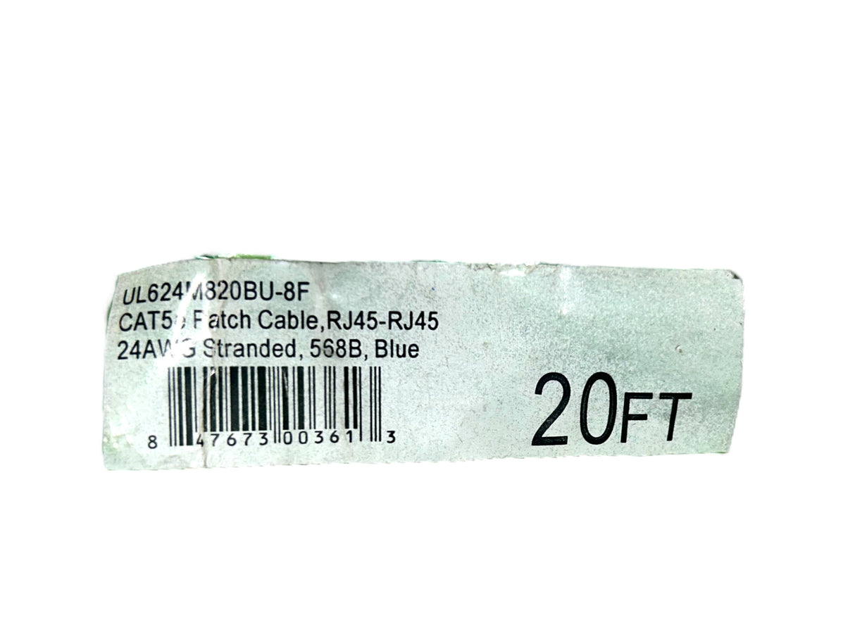 CAT5e Patch Cable, RJ45-RJ45, 24AWG Stranded, 568B, 20Ft, Blue - Freeman Liquidators