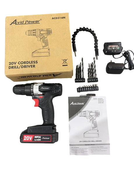 AVID, POWER, 20V, MAX, Lithium, lon, Cordless, Drill, Set, Power, Battery, Charger, 3/8-Inch, Keyless Chuck, Variable Speed, 16 Position, 22pcs, Drill Bits, BLACK - Freeman Liquidators