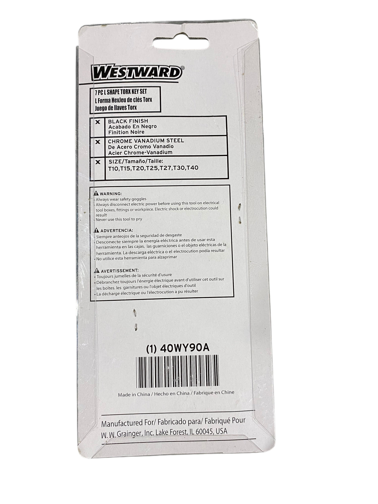 WESTWARD, Torx, Key, Set, Long, 40WY90, 7 Pieces, T10/T15/T20/T25/T27/T30/T40 Tip Size, Plastic Holder, 2 Tips