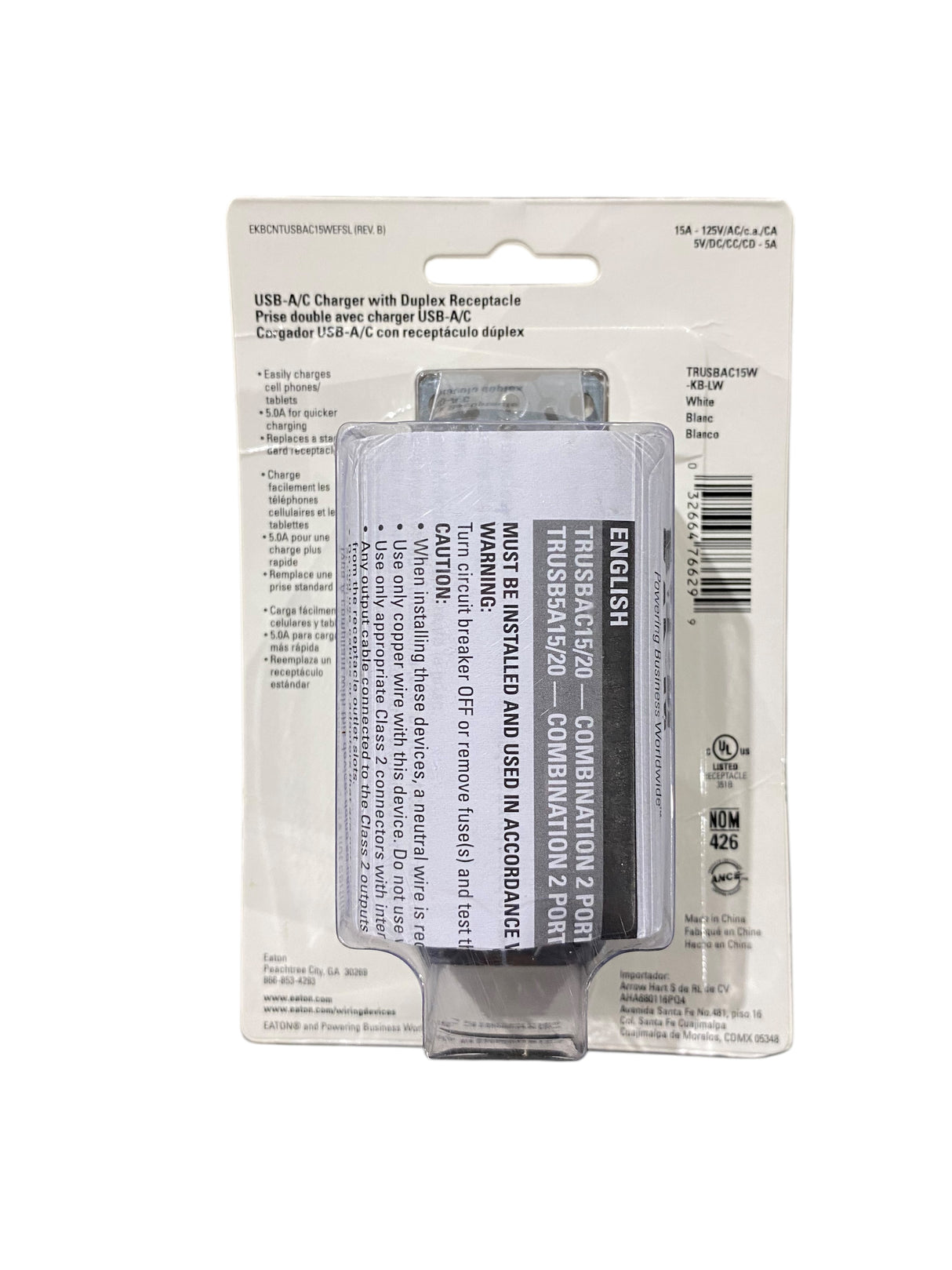 Eaton, White, USB-A|C, Charger, Duplex, Receptacle, TRUSBAC15 - Freeman Liquidators