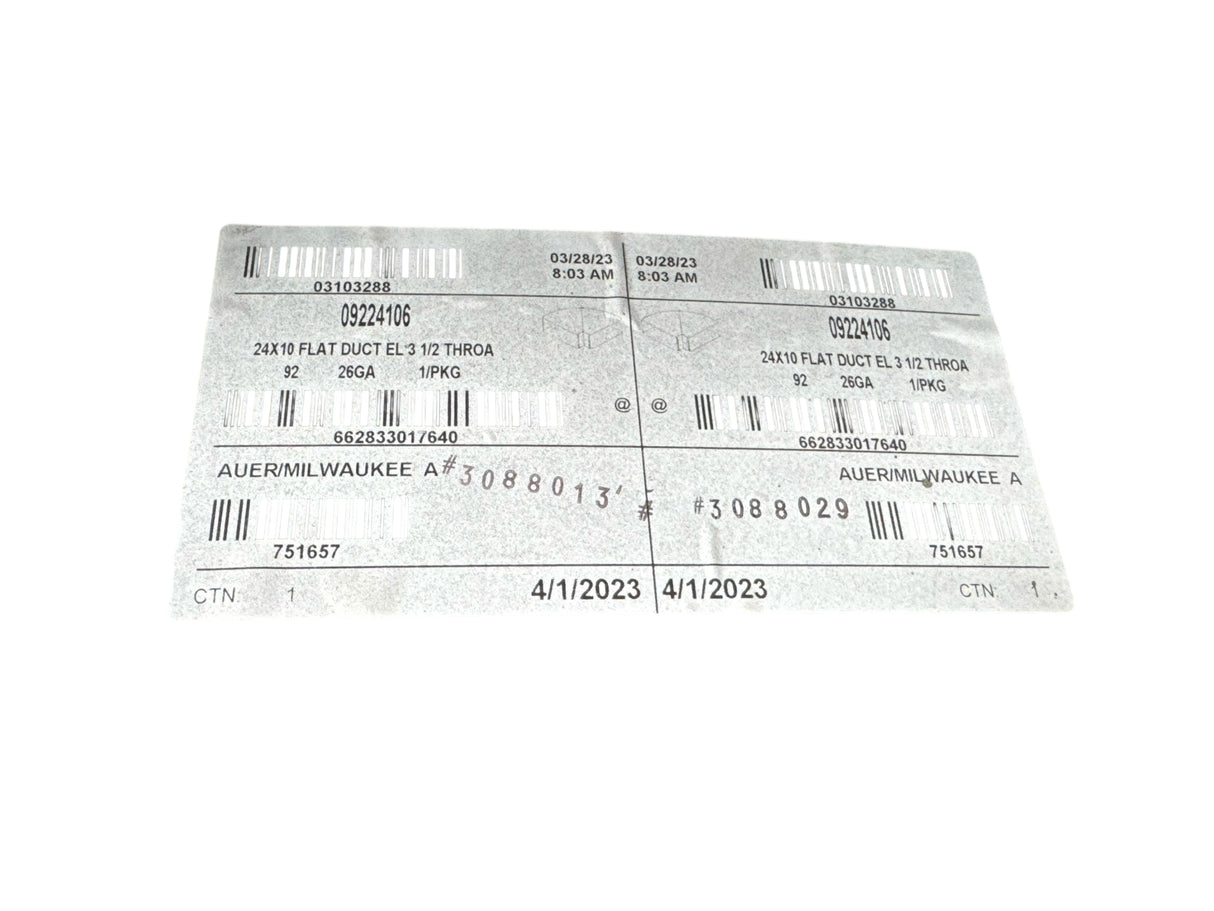 HCP, 09224106, Flat Horizontal Elbow, 24 x 10 in, 26GA, 3 1/2 THROA - Freeman Liquidators - [product_description] - Elbow Fittings