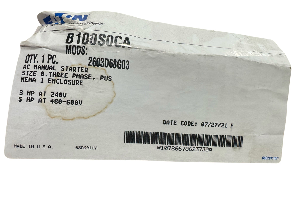 Eaton, B100S0CA, 2603D68G03, Manual Motor Protector, Size 0, 3PH, NEMA 1 - Freeman Liquidators - [product_description] - Enclosures