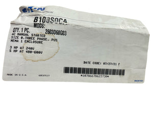 Eaton, B100S0CA, 2603D68G03, Manual Motor Protector, Size 0, 3PH, NEMA 1 - Freeman Liquidators - [product_description] - Enclosures