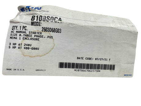 Eaton, B100S0CA, 2603D68G03, Manual Motor Protector, Size 0, 3PH, NEMA 1 - Freeman Liquidators - [product_description] - Enclosures