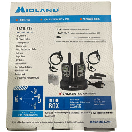 Midland two-way radio packaging with features listed on a white background